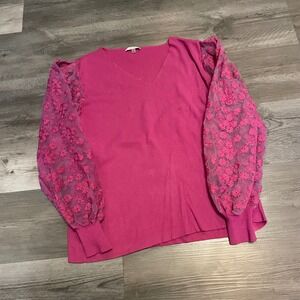 Sioni Womens Fuchsia Pink V-Neck Sweater Sheer Floral Embroidered Mesh y2k XL